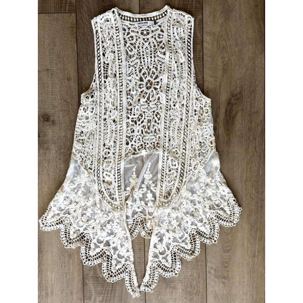 ORIGAMI Duster Vest Kimono Bohemian Boho Lace Sheer Crochet -  Size S/M